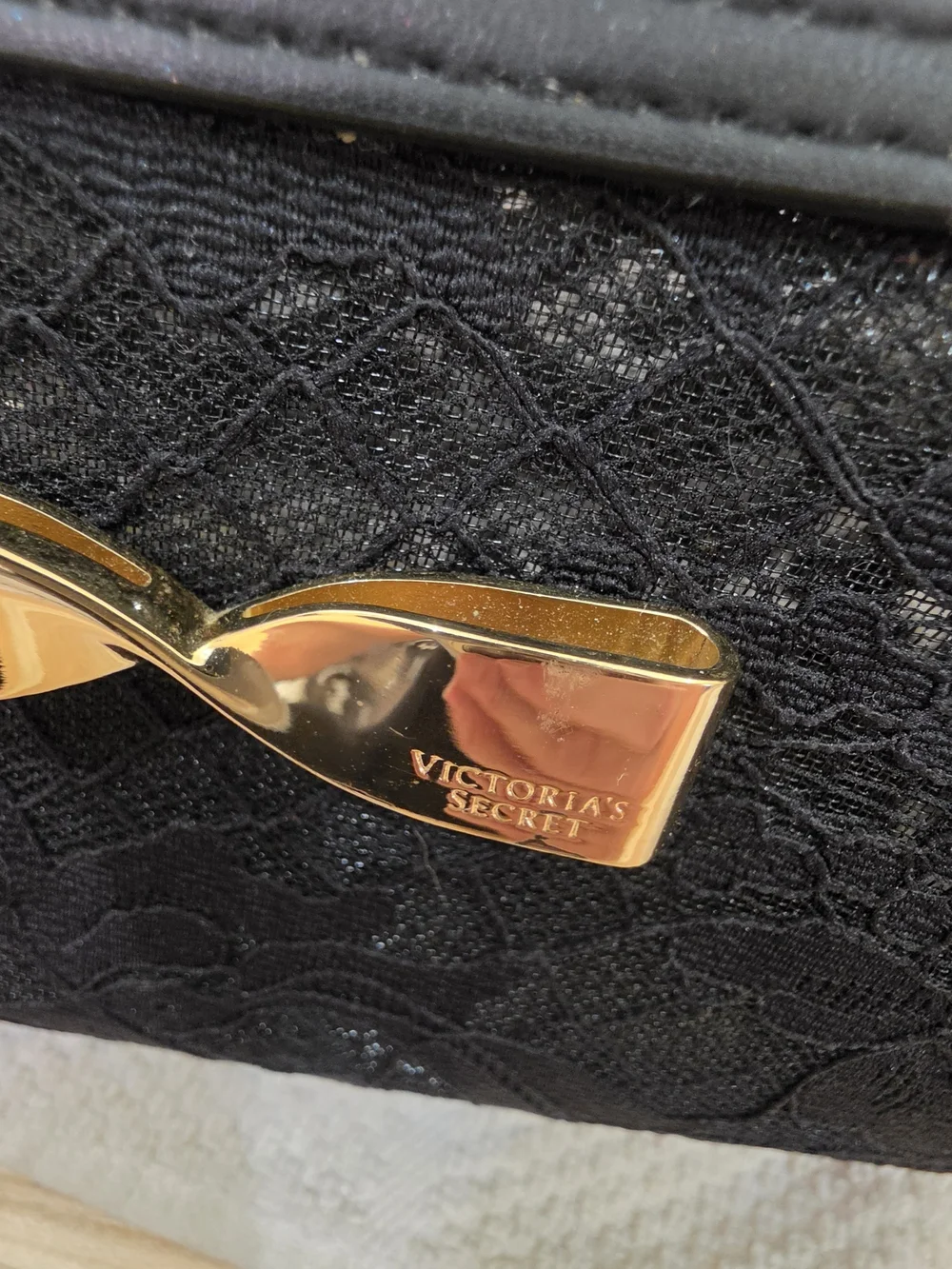 Victoria's Secret Black Lace Cosmetic Pouch with Gold Bow Accent